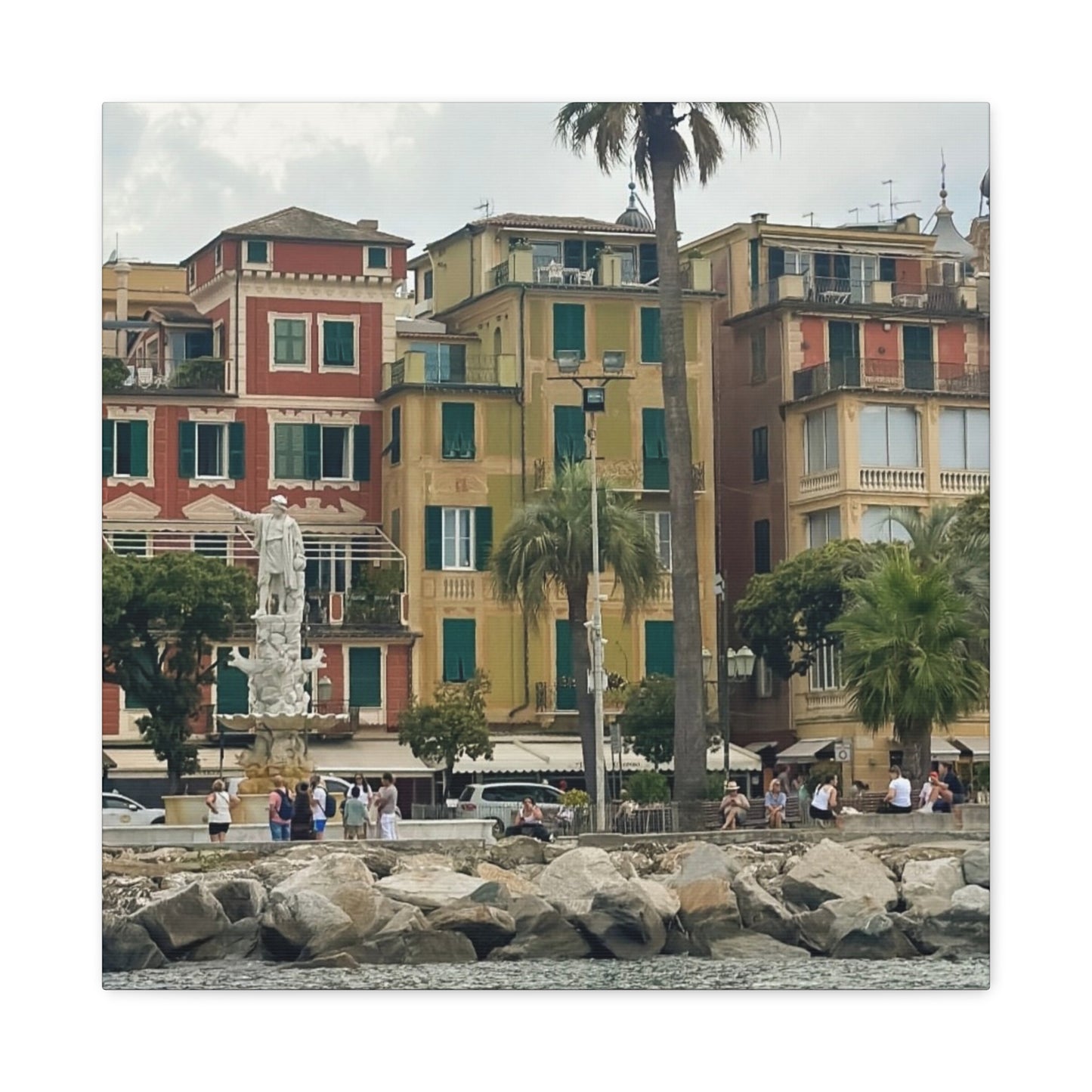 Italian Waterfront Homes - Stretched Matte Canvas Wall Art, Coastal Villa Print, Home Decor, Italain Beach Scene, Interior Design, Gift for Art Lovers