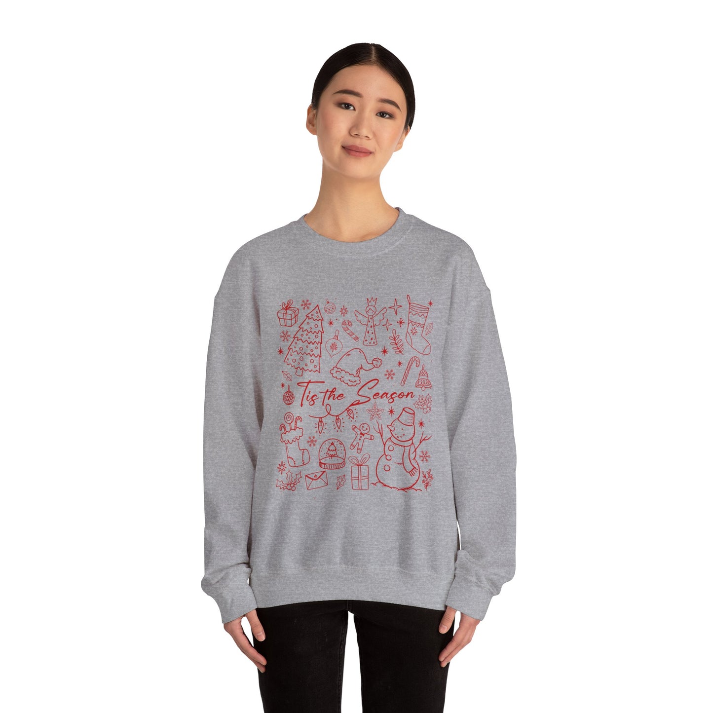 Red - Christmas Doodle Line Festive Winter Crewneck Sweatshirt – Cozy Holiday Apparel for All Occasions, Perfect Gift for Christmas, Family Gatherings, Casual Outings