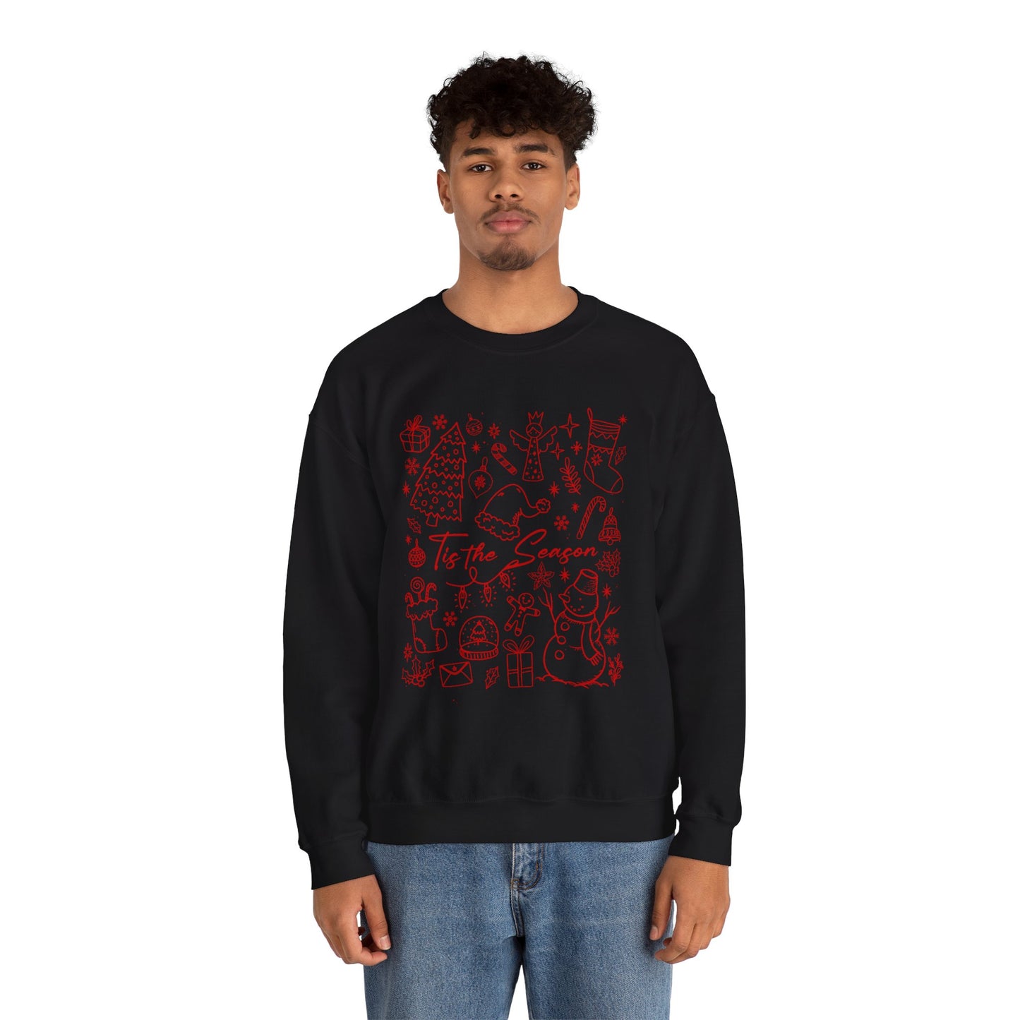 Red - Christmas Doodle Line Festive Winter Crewneck Sweatshirt – Cozy Holiday Apparel for All Occasions, Perfect Gift for Christmas, Family Gatherings, Casual Outings