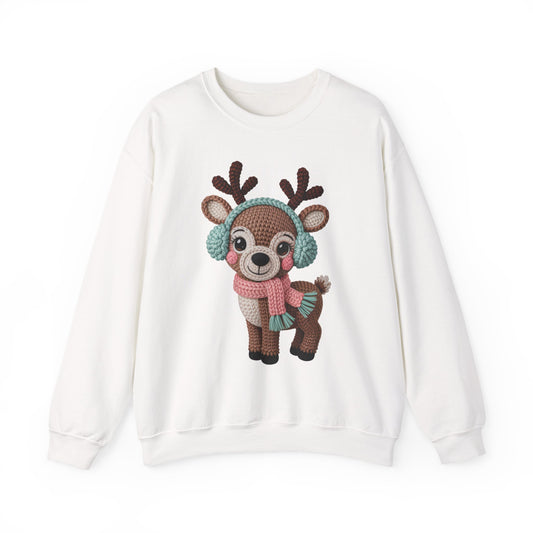 Cute Crochet Look Reindeer Crewneck Sweatshirt, Cozy Winter Apparel, Holiday Gift, Unisex Sweater, Christmas Sweater, Perfect for Family Gatherings