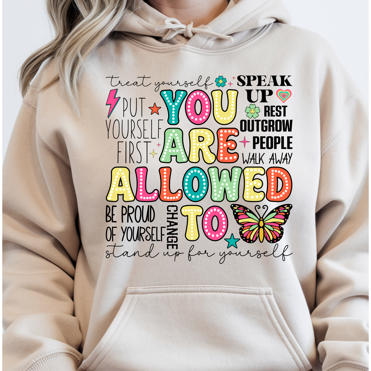 You Are Allowed To Hoodie inspirational affirmation hoodie featuring colorful text and cheerful icons.