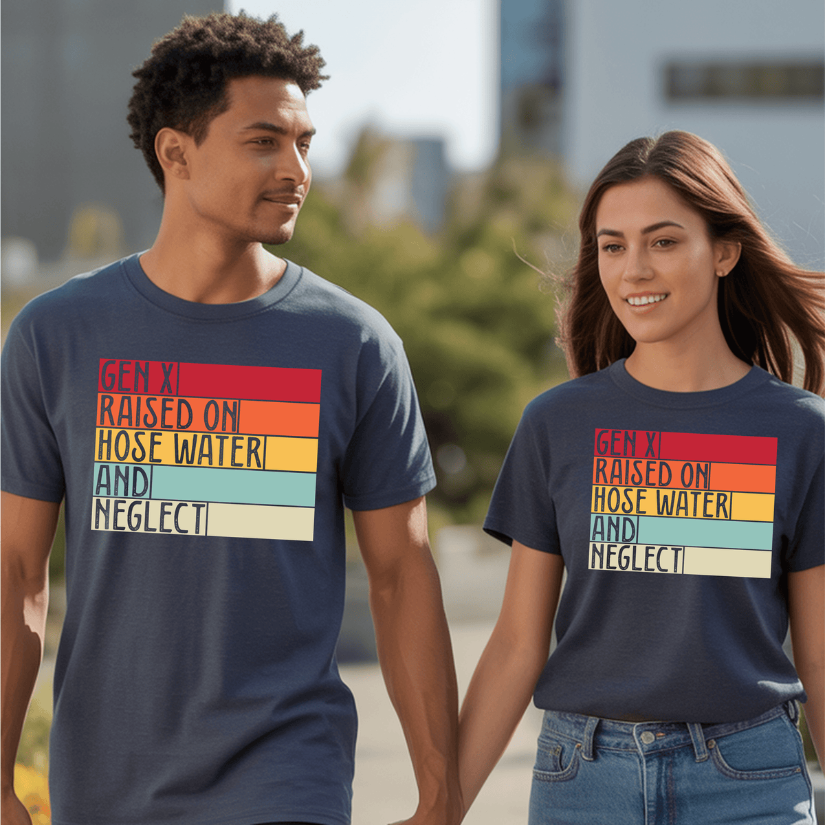 Gen X resilience Shirt worn by a couple, showcasing the slogan 'Raised on Hose Water and Neglect'.
