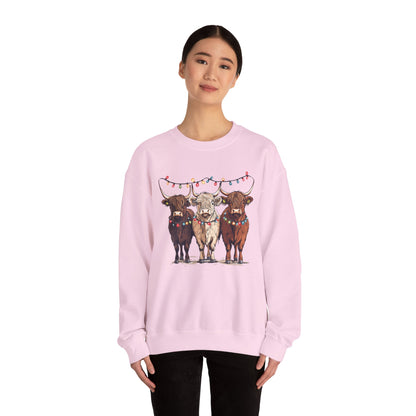 Festive Cow Sweatshirt for Cozy Celebrations, Unisex Crewneck, Holiday Gift, Winter Fashion, Cute Animal Design