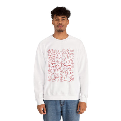 Red - Christmas Doodle Line Festive Winter Crewneck Sweatshirt – Cozy Holiday Apparel for All Occasions, Perfect Gift for Christmas, Family Gatherings, Casual Outings