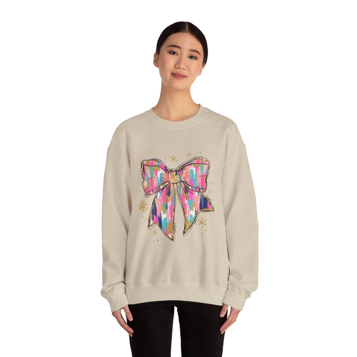Colorful Bow Graphic Crewneck Sweatshirt, Cozy Winter Sweater, Gift for Her, Holidays, Casual Fashion