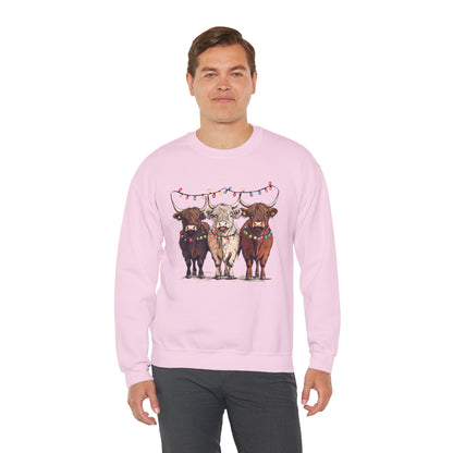 Festive Cow Sweatshirt for Cozy Celebrations, Unisex Crewneck, Holiday Gift, Winter Fashion, Cute Animal Design