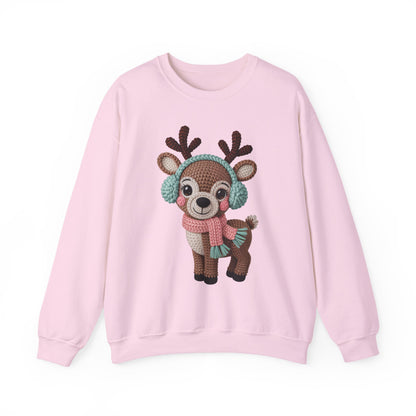 Cute Crochet Look Reindeer Crewneck Sweatshirt, Cozy Winter Apparel, Holiday Gift, Unisex Sweater, Christmas Sweater, Perfect for Family Gatherings