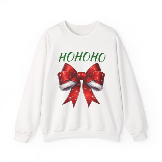 HO HO HO SANTA Bow Crewneck Sweatshirt, Holiday Gift, Cute Winter Sweatshirt, Unisex Christmas Apparel, Cozy Seasonal Fashion