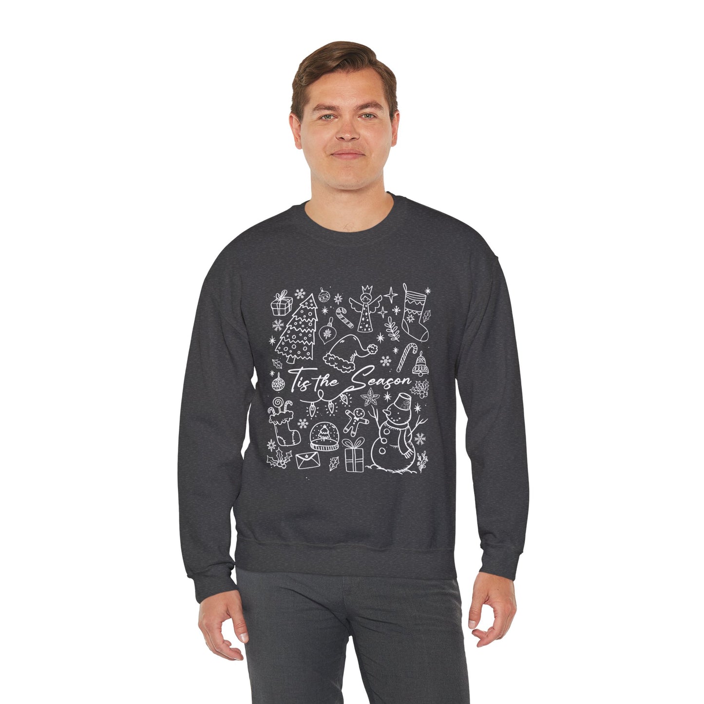 White- Christmas Doodle Line Festive Crewneck Sweatshirt, Cozy Holiday Sweatshirt, Perfect for Christmas, Seasonal Gift, Winter Wear
