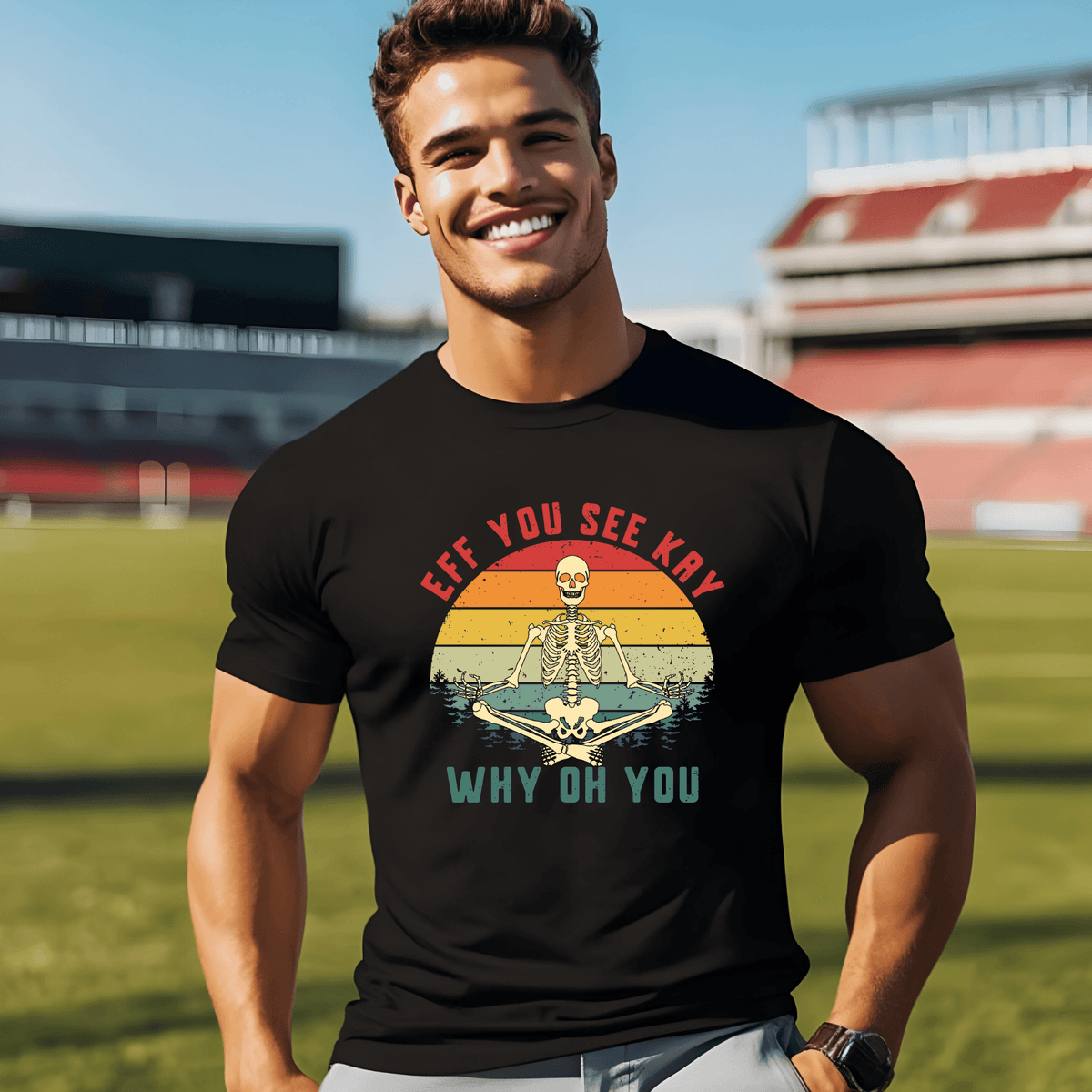 Adult humor skeleton t-shirt featuring a meditating skeleton design with the text EFF YOU SEE KAY WHY OH YOU