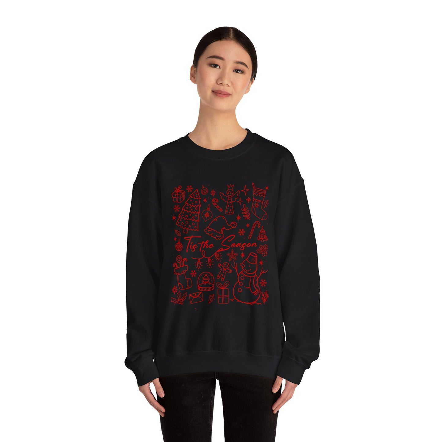 Red - Christmas Doodle Line Festive Winter Crewneck Sweatshirt – Cozy Holiday Apparel for All Occasions, Perfect Gift for Christmas, Family Gatherings, Casual Outings