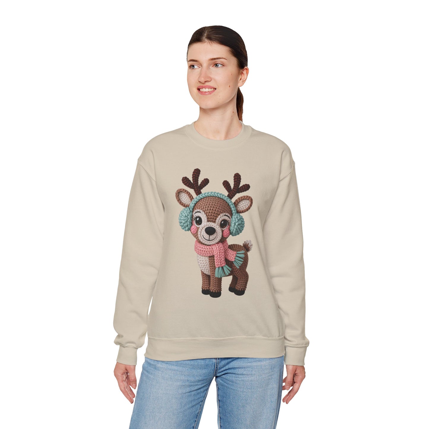 Cute Crochet Look Reindeer Crewneck Sweatshirt, Cozy Winter Apparel, Holiday Gift, Unisex Sweater, Christmas Sweater, Perfect for Family Gatherings