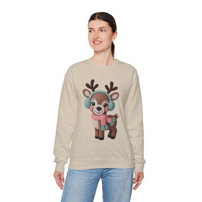 Cute Crochet Look Reindeer Crewneck Sweatshirt, Cozy Winter Apparel, Holiday Gift, Unisex Sweater, Christmas Sweater, Perfect for Family Gatherings