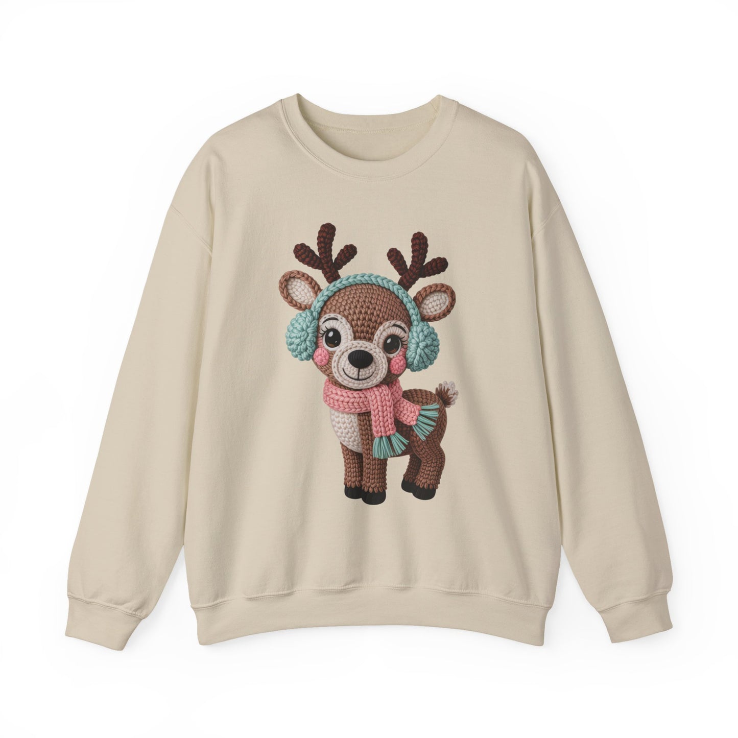 Cute Crochet Look Reindeer Crewneck Sweatshirt, Cozy Winter Apparel, Holiday Gift, Unisex Sweater, Christmas Sweater, Perfect for Family Gatherings