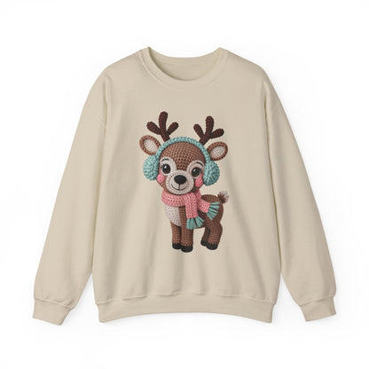 Cute Crochet Look Reindeer Crewneck Sweatshirt, Cozy Winter Apparel, Holiday Gift, Unisex Sweater, Christmas Sweater, Perfect for Family Gatherings