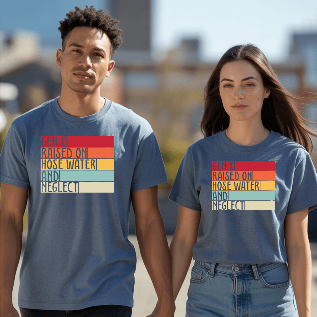 Gen X resilience Shirt featuring unique design, worn by a diverse couple outdoors.