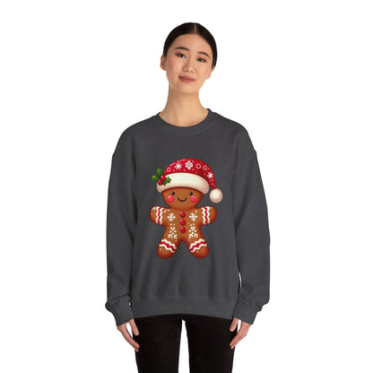Holiday Gingerbread Man Crewneck Sweatshirt with Santa Hat Design