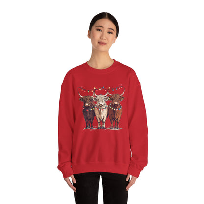 Festive Cow Sweatshirt for Cozy Celebrations, Unisex Crewneck, Holiday Gift, Winter Fashion, Cute Animal Design