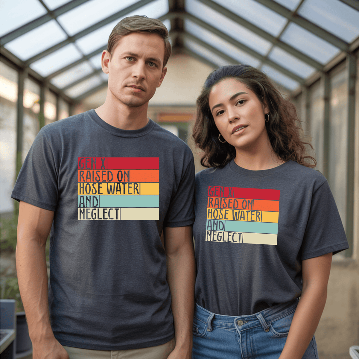Funny Gen X t-shirt worn by a man and a woman, featuring the phrase 'GEN X RAISED ON HOSE WATER AND NEGLECT' in retro colors.