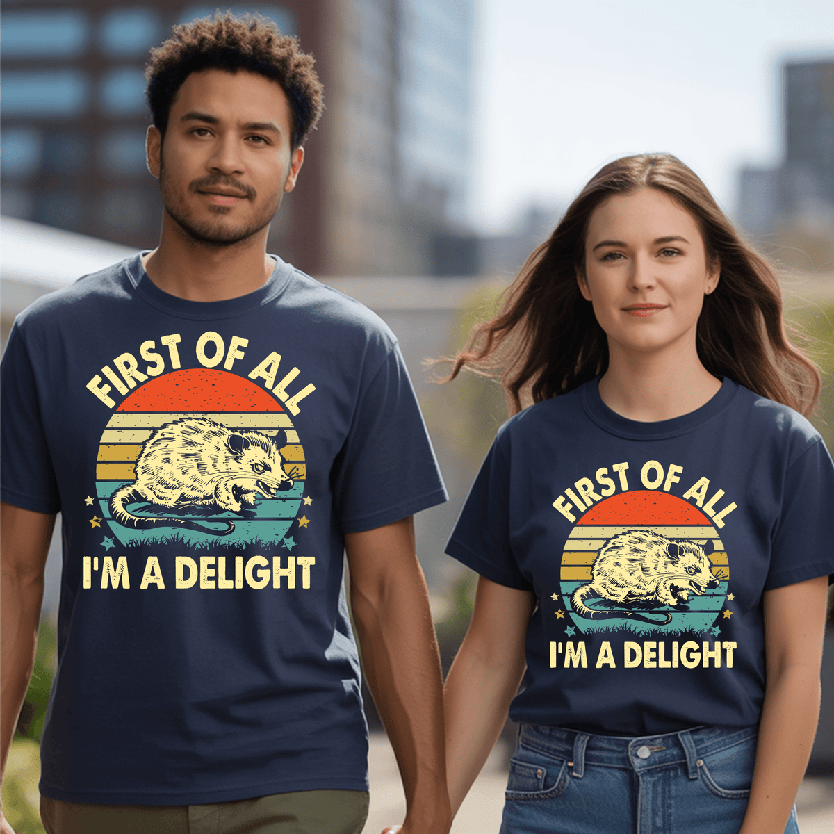 Vintage graphic t-shirt featuring an opossum and the phrase "FIRST OF ALL I’M A DELIGHT" on a softstyle tee.