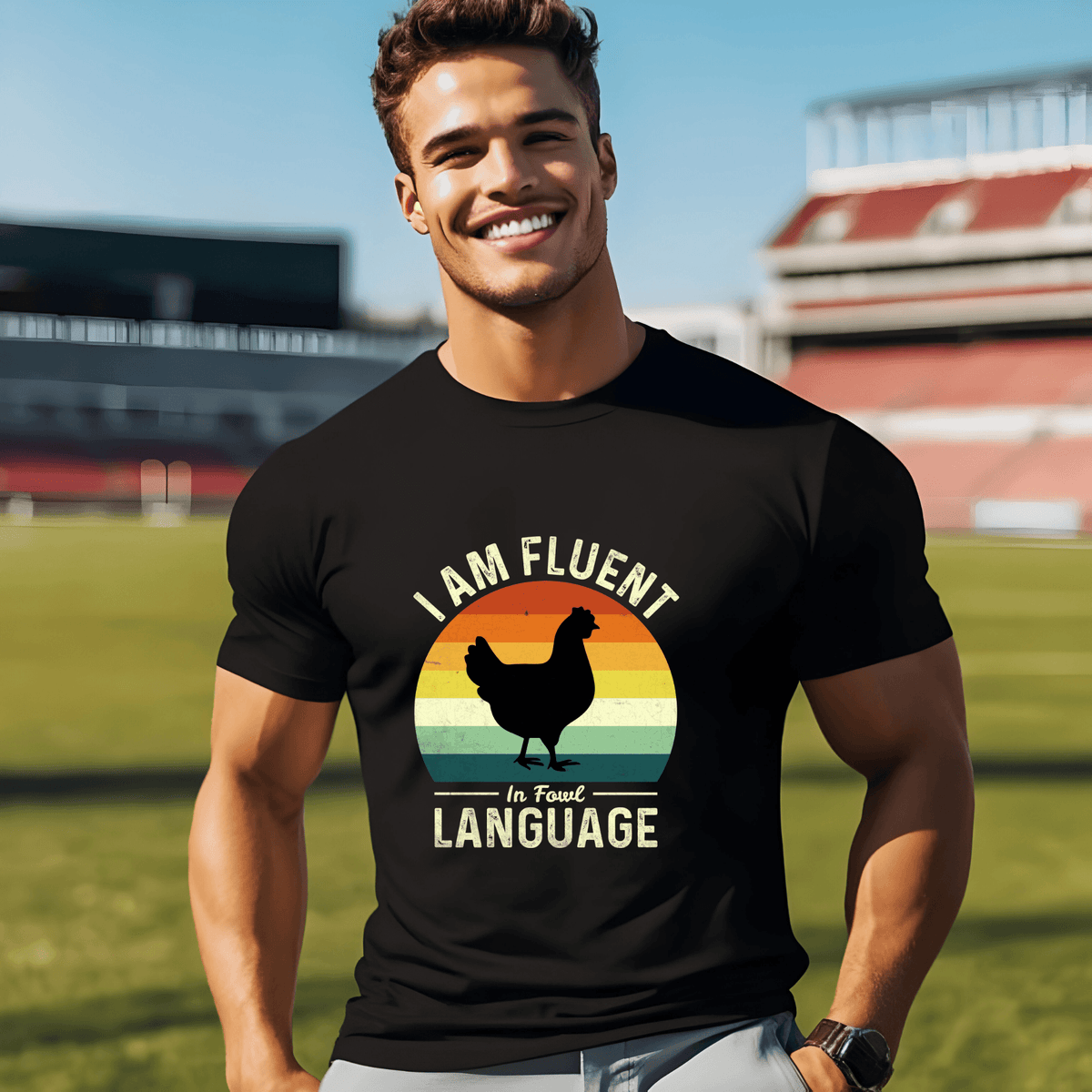 Man wearing I Am Fluent in Fowl Language chicken tee with vintage sunset design.