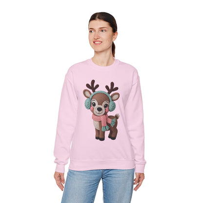 Cute Crochet Look Reindeer Crewneck Sweatshirt, Cozy Winter Apparel, Holiday Gift, Unisex Sweater, Christmas Sweater, Perfect for Family Gatherings