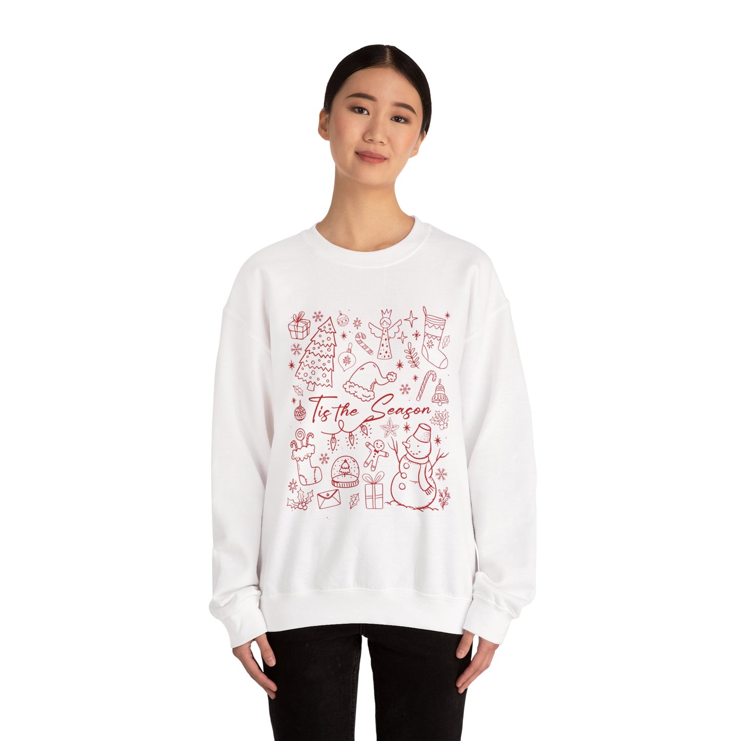 Red - Christmas Doodle Line Festive Winter Crewneck Sweatshirt – Cozy Holiday Apparel for All Occasions, Perfect Gift for Christmas, Family Gatherings, Casual Outings