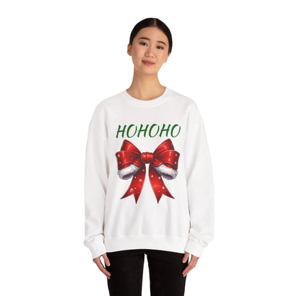 HO HO HO SANTA Bow Crewneck Sweatshirt, Holiday Gift, Cute Winter Sweatshirt, Unisex Christmas Apparel, Cozy Seasonal Fashion