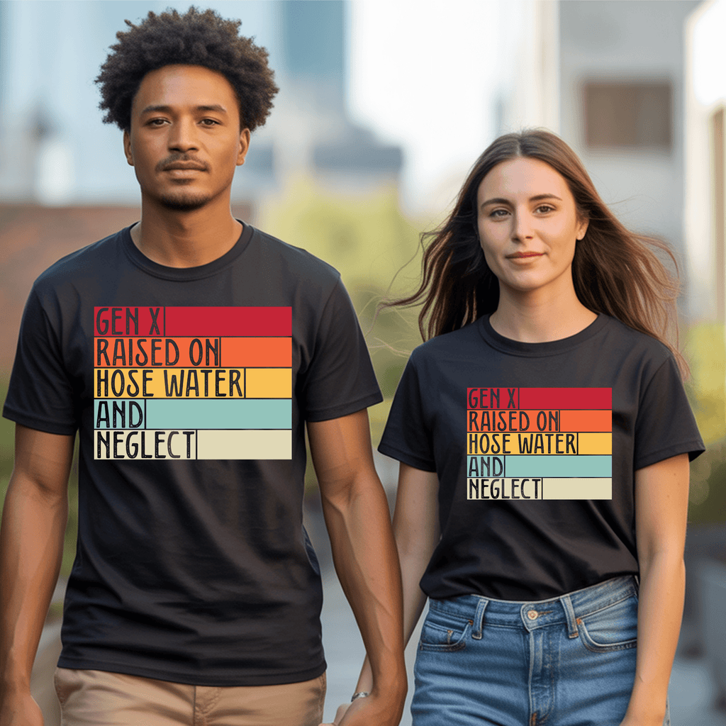 Funny Gen X t-shirt featuring bold text design worn by diverse models outdoors.