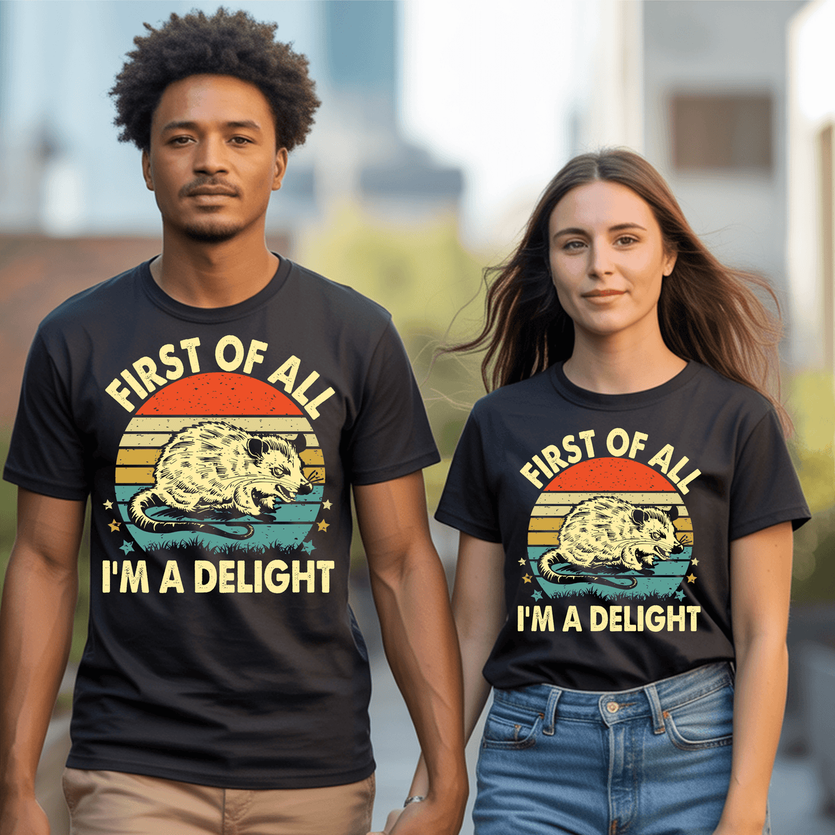 Vintage graphic t-shirt featuring an angry opossum and the phrase "FIRST OF ALL I’M A DELIGHT."