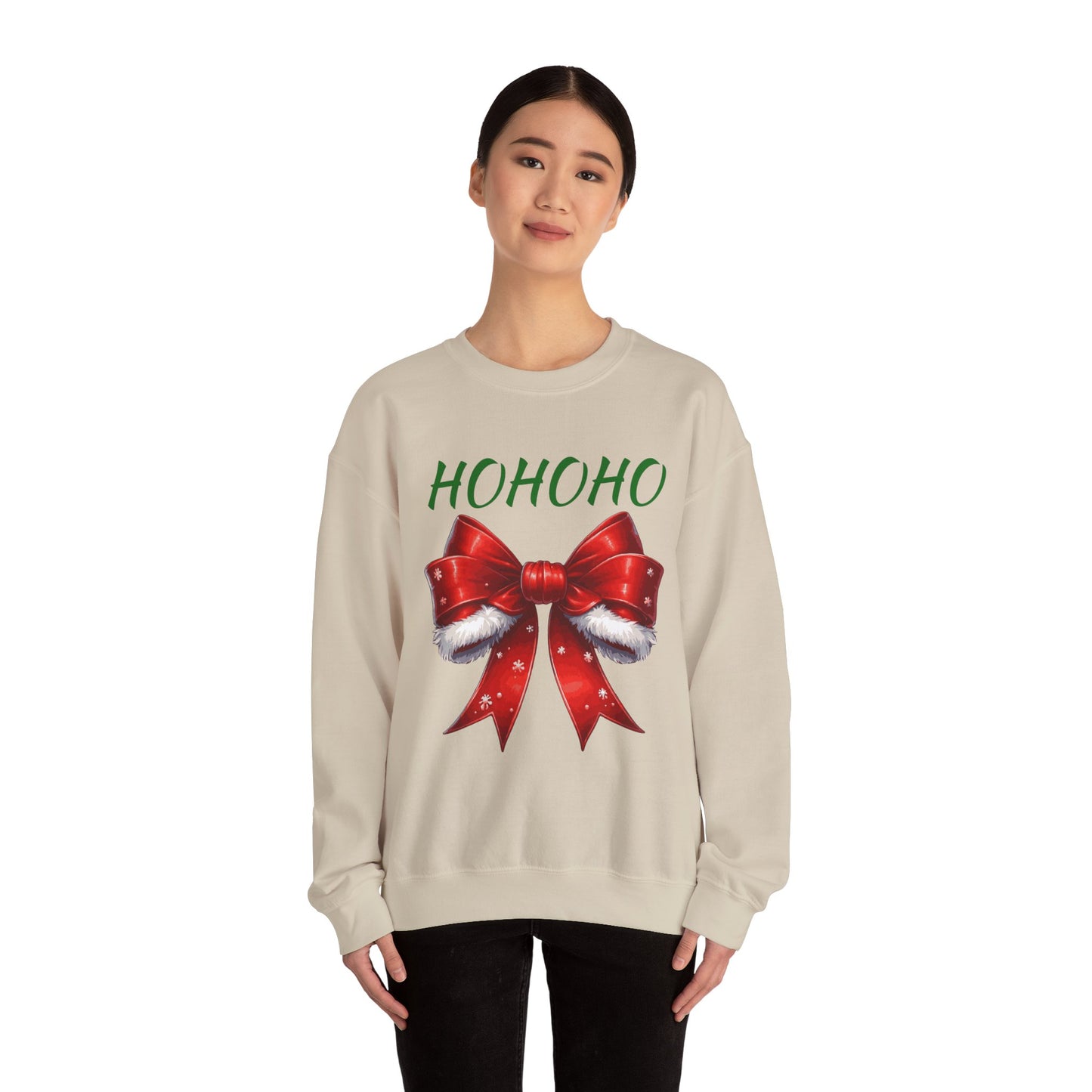 HO HO HO SANTA Bow Crewneck Sweatshirt, Holiday Gift, Cute Winter Sweatshirt, Unisex Christmas Apparel, Cozy Seasonal Fashion