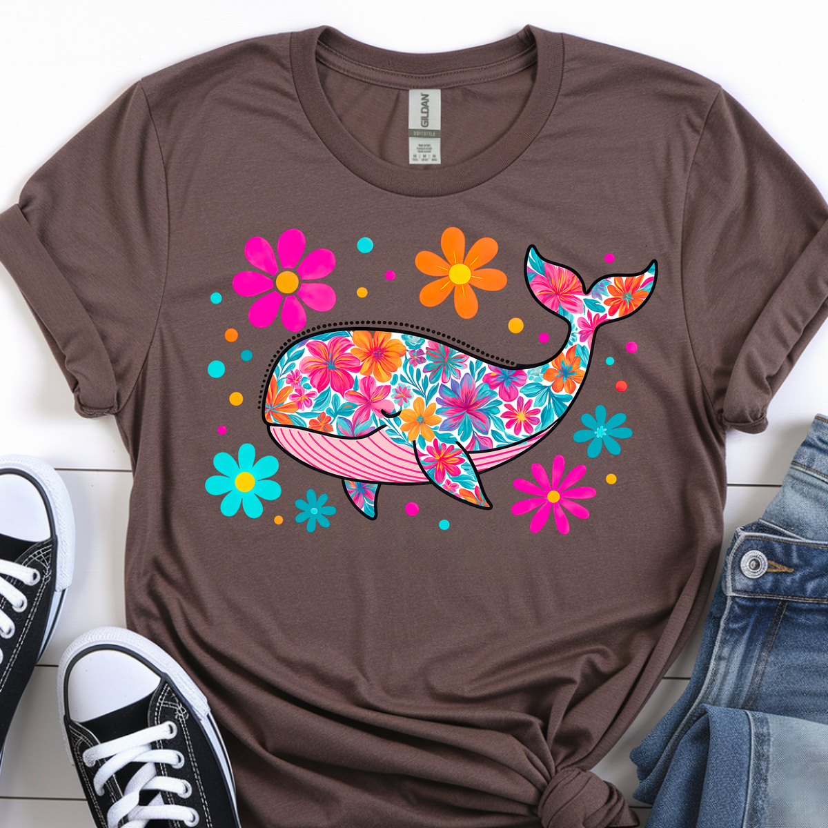 Bright Flora Whale T-Shirts