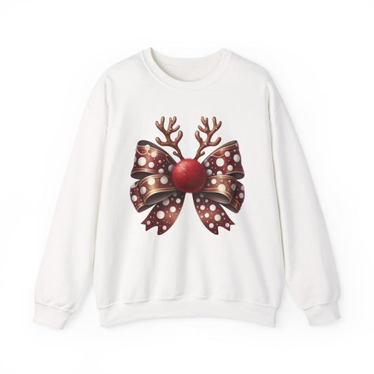 Christmas Crewneck Sweatshirt with Red Nosed Reindeer Bow
