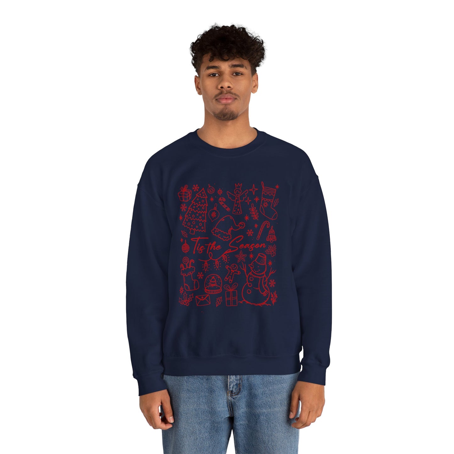 Red - Christmas Doodle Line Festive Winter Crewneck Sweatshirt – Cozy Holiday Apparel for All Occasions, Perfect Gift for Christmas, Family Gatherings, Casual Outings