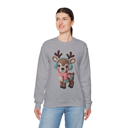 Cute Crochet Look Reindeer Crewneck Sweatshirt, Cozy Winter Apparel, Holiday Gift, Unisex Sweater, Christmas Sweater, Perfect for Family Gatherings