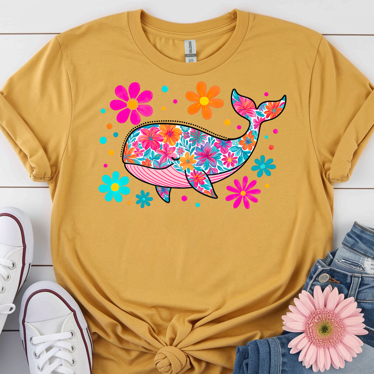 Bright Flora Whale T-Shirts