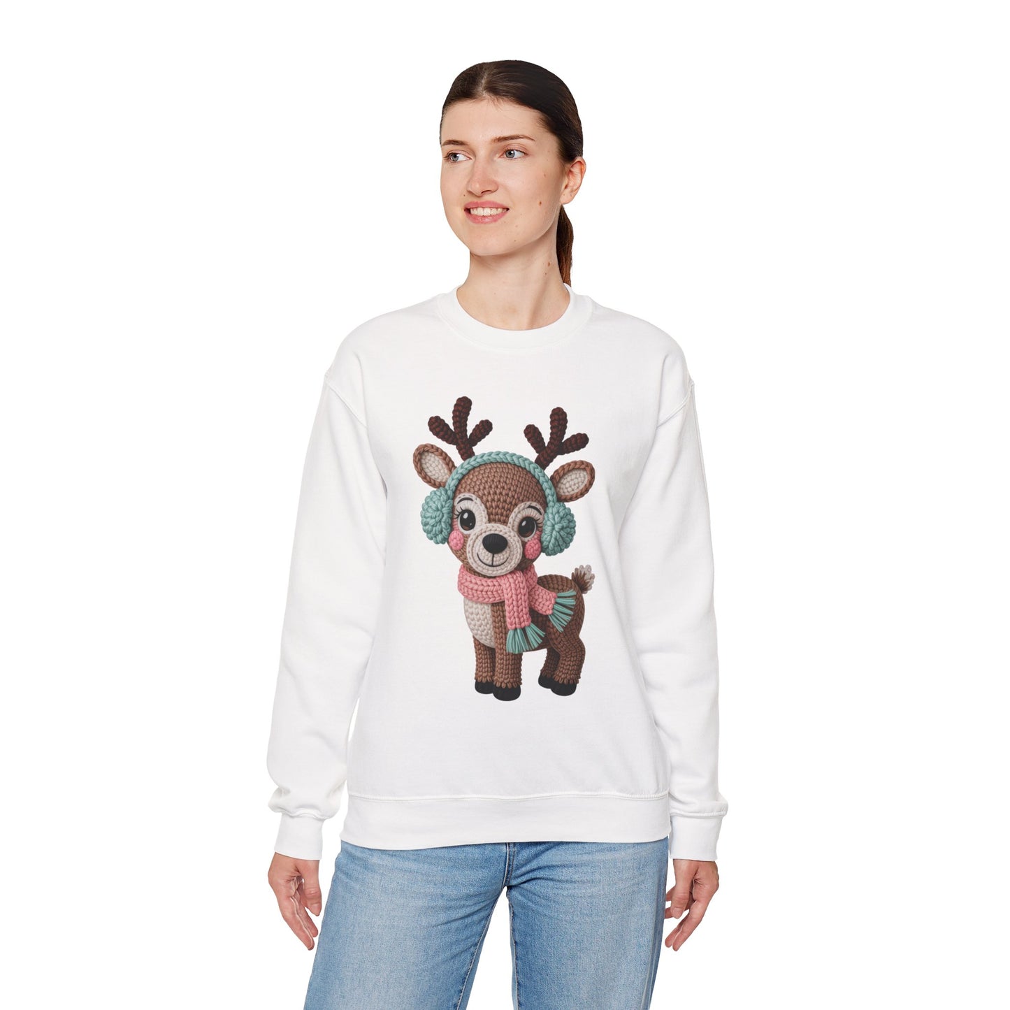 Cute Crochet Look Reindeer Crewneck Sweatshirt, Cozy Winter Apparel, Holiday Gift, Unisex Sweater, Christmas Sweater, Perfect for Family Gatherings