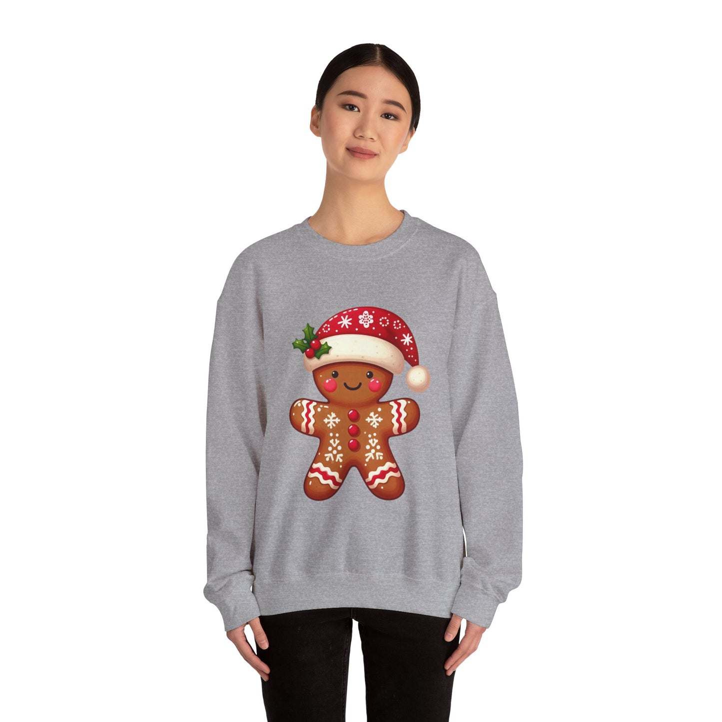 Holiday Gingerbread Man Crewneck Sweatshirt with Santa Hat Design