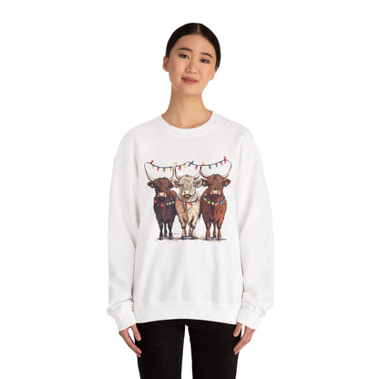 Festive Cow Sweatshirt for Cozy Celebrations, Unisex Crewneck, Holiday Gift, Winter Fashion, Cute Animal Design