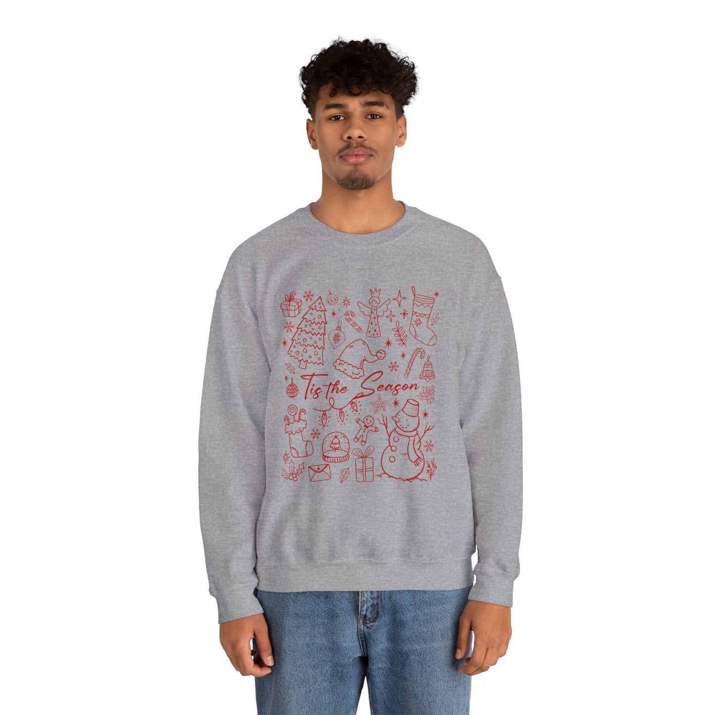 Red - Christmas Doodle Line Festive Winter Crewneck Sweatshirt – Cozy Holiday Apparel for All Occasions, Perfect Gift for Christmas, Family Gatherings, Casual Outings