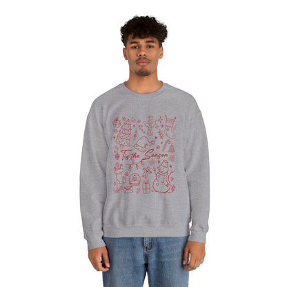 Red - Christmas Doodle Line Festive Winter Crewneck Sweatshirt – Cozy Holiday Apparel for All Occasions, Perfect Gift for Christmas, Family Gatherings, Casual Outings
