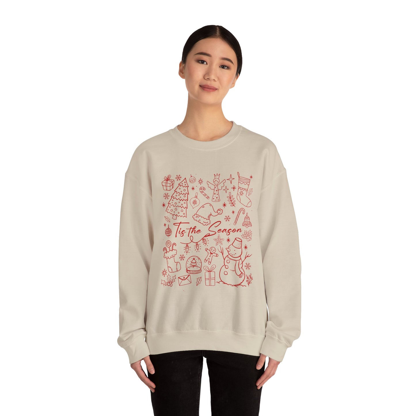 Red - Christmas Doodle Line Festive Winter Crewneck Sweatshirt – Cozy Holiday Apparel for All Occasions, Perfect Gift for Christmas, Family Gatherings, Casual Outings