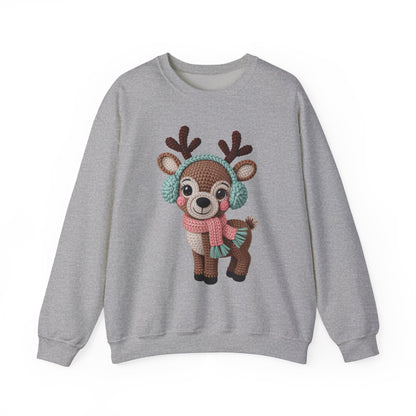 Cute Crochet Look Reindeer Crewneck Sweatshirt, Cozy Winter Apparel, Holiday Gift, Unisex Sweater, Christmas Sweater, Perfect for Family Gatherings