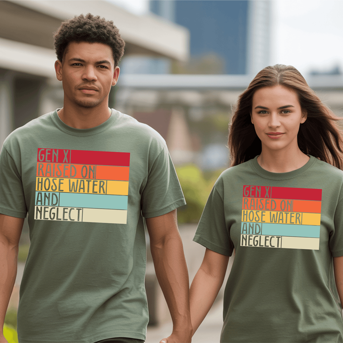 Gen X resilience Shirt worn by a man and woman, featuring the slogan: Raised on Hose Water and Neglect.