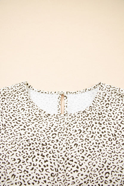 Beige Plus Size Leopard Print Frill Trim Short Sleeve Flared Dress